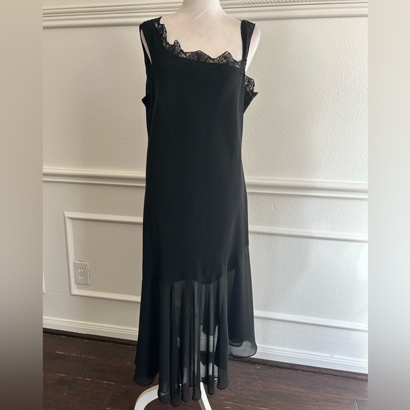 Dawn Joy Evening Dresses & Skirts - Dawn Joy Evening Black Lace Trim Asymmetrical Dress, Size 16
